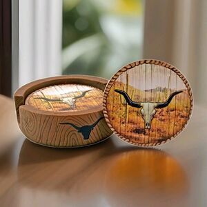 DWK Rodeo Roundup Western Longhorn Skull Coasters Set of 4 with Holder Desert
